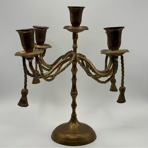 Vintage 10" Tall Brass 4 Arm Candelabra 5 Candles Braided Rope Goth Victorian